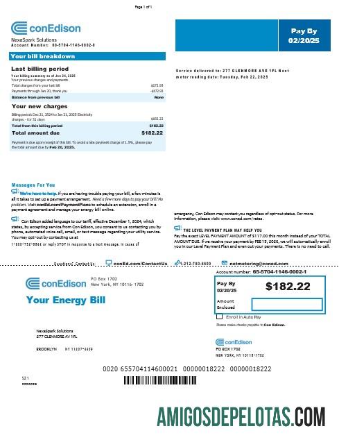 imprimível Modelo Word e PDF de fatura de serviços públicos de negócios Conedison dos EUA, Nova York, versão 2